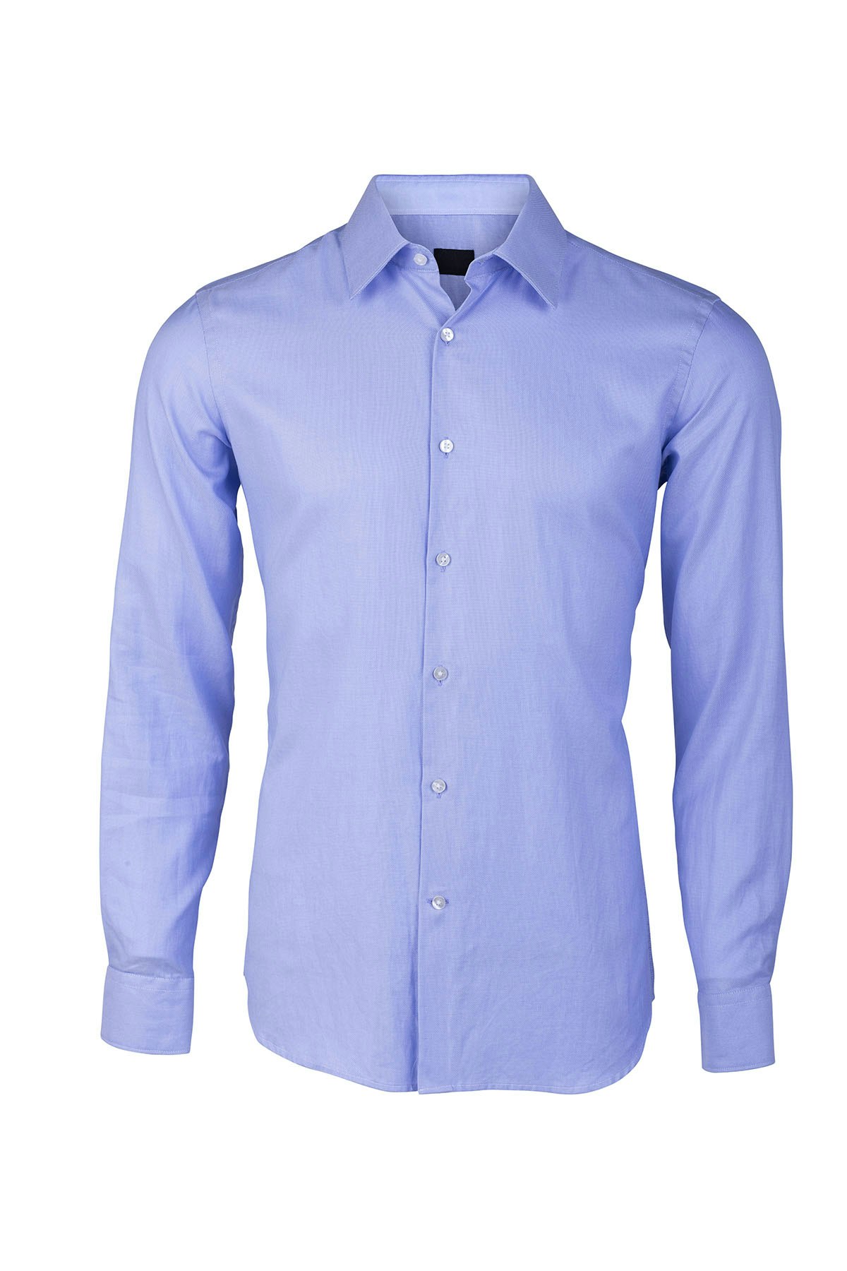 apparel-retouching-shape-shirt-after Product image of blue button-up shirt with invisible mannequin, retouched to remove bunching at shoulders